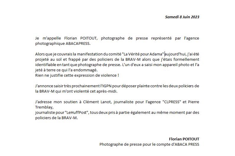 Je saisirai dans les prochaines heures l’IGPN à la suite des violences à mon encontre à ce jour et à la détérioration de mon matériel. 

<a href="/AbacaPhoto/">Abaca</a> <a href="/ClementLanot/">Clément Lanot</a> <a href="/tremblay_p/">Pierre Tremblay</a>