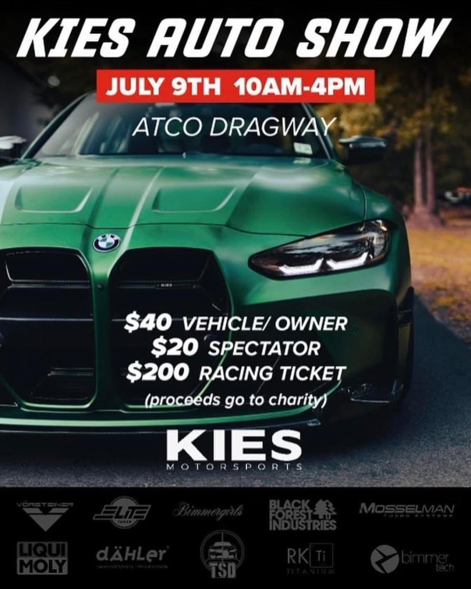 Gates open Sun 7/9 @ 9a for Kies Motorsports Auto Show &amp; TestnTune. Car Show rain or shine TestnTune shine only. Car Show open to all. Spec $20 onl/$30 gate, Show $40 onl/$50 gate Tech Cards $200. Show &amp; Racing 10a-4p(No new race entry after 1p). Tickets: tickets.thefoat.com/KiesMotorsport…