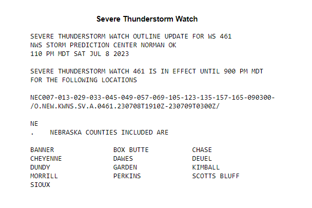Jasamsdestiny's tweet photo. #Nebraska 
#SevereThunderstorm Watch til 9pm MDT for the following counties below.  

Scattered large hail and damaging winds are the main risks.   A tornado is possible with well developed storms.

#Banner #BoxButte #Dawes #Deuel #Kimball #ScottsBluff #NEwx #severewx https://t.co/tzm9mq6Z16