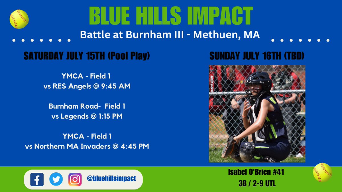 IzzyObrien13's tweet photo. Popping this out now in anticipation of next weekend's Battle at Burnham in #MethuenMA - Will update if any changes. Saturday Pool Play &amp; Sunday TBD based on standings. Last year my @bluehillsimpact 16u Smolak won this tourney! Hoping for a repeat as an 18u! @riversathletics https://t.co/iK1jGMlBYz