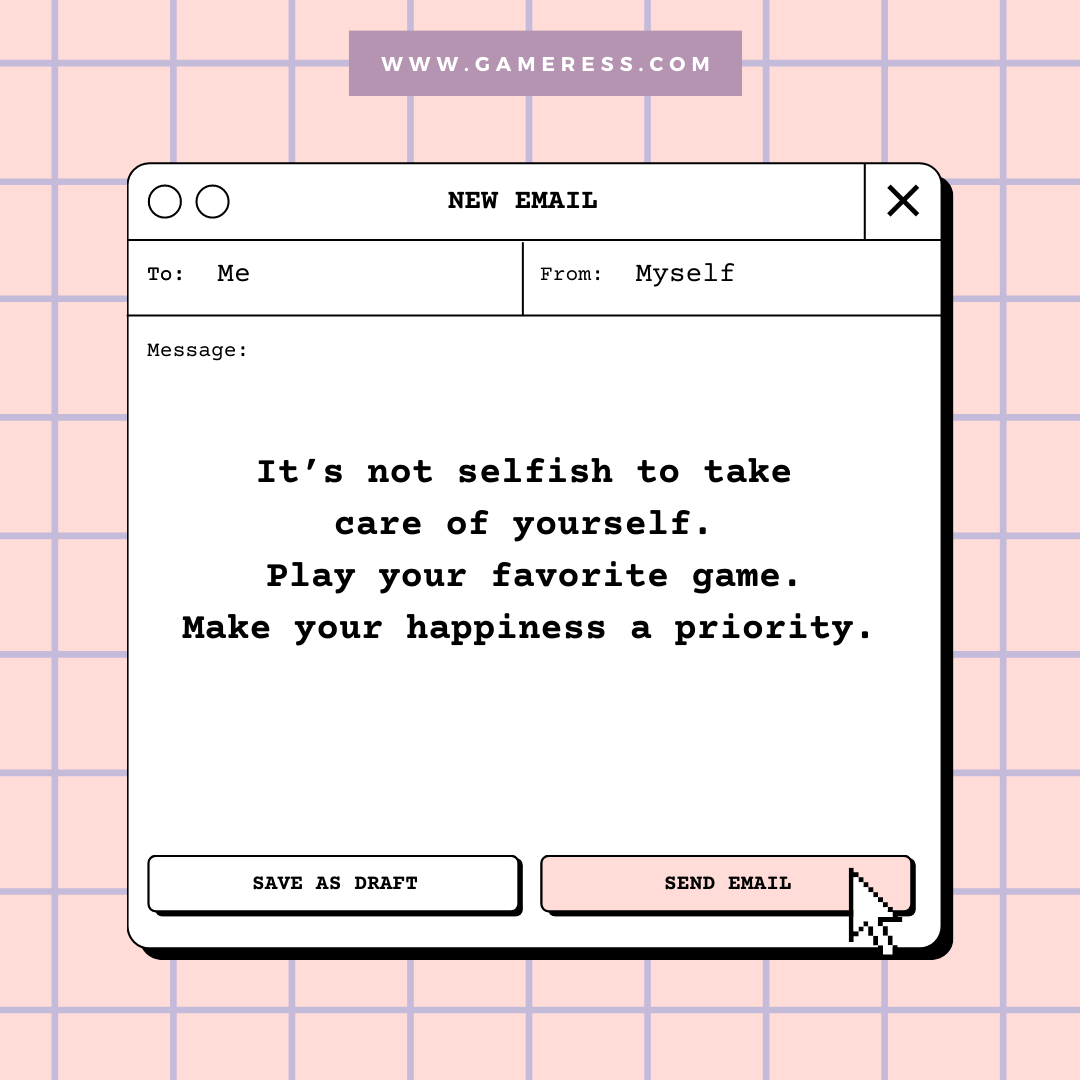 Gameress_'s tweet photo. Take that break, self-care is important! 

What's your go-to game?

#gameress #videogames #girlgamer #femalegamer #ladieswhogame #gaming #streamer https://t.co/cn1H161yZP