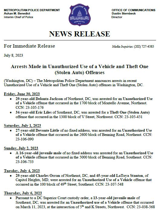 DCPoliceDept's tweet photo. MPD announces arrests have been made in Unauthorized Use of a Vehicle and Theft One (Stolen Auto) offenses in Washington, DC. 

Thank you to all who assisted in making DC safer with these arrests!   

Release: https://t.co/zsCL2M6QnK https://t.co/FqlzpLwFq6