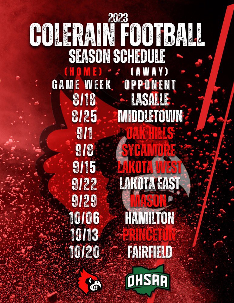 ColerainFtball's tweet photo. 𝐓𝐇𝐄 𝟐𝟎𝟐𝟑 𝐂𝐎𝐋𝐄𝐑𝐀𝐈𝐍 𝐂𝐀𝐑𝐃𝐈𝐍𝐀𝐋𝐒 𝐅𝐎𝐎𝐓𝐁𝐀𝐋𝐋 𝐒𝐂𝐇𝐄𝐃𝐔𝐋𝐄 ♦️♠️ #𝐆𝐎𝐂𝐀𝐑𝐃𝐒

#ColerainHighSchoolFootball 
#OhioHighSchoolFootball
#HighSchoolFootball
#colerain https://t.co/wa0bk2vEoO