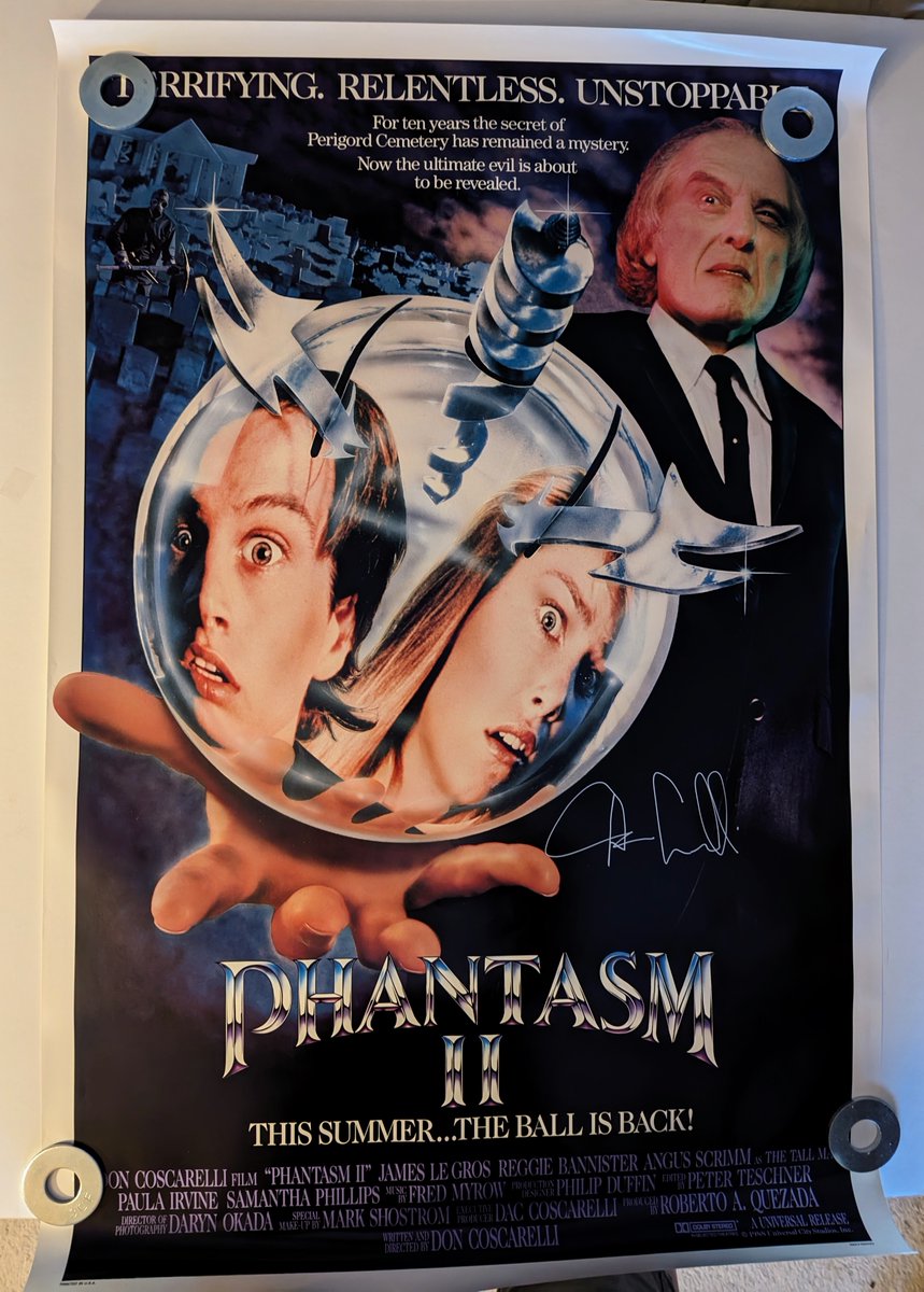 MikalJoseph1980's tweet photo. One of two original one-sheets I own for PHANTASM II. This one is autographed by director @DonCoscarelli. Happy 35th anniversary to The Tall Man's second film and my favorite of the series. #Phantasm #TheBallIsBack https://t.co/qBMHNhi2Y9