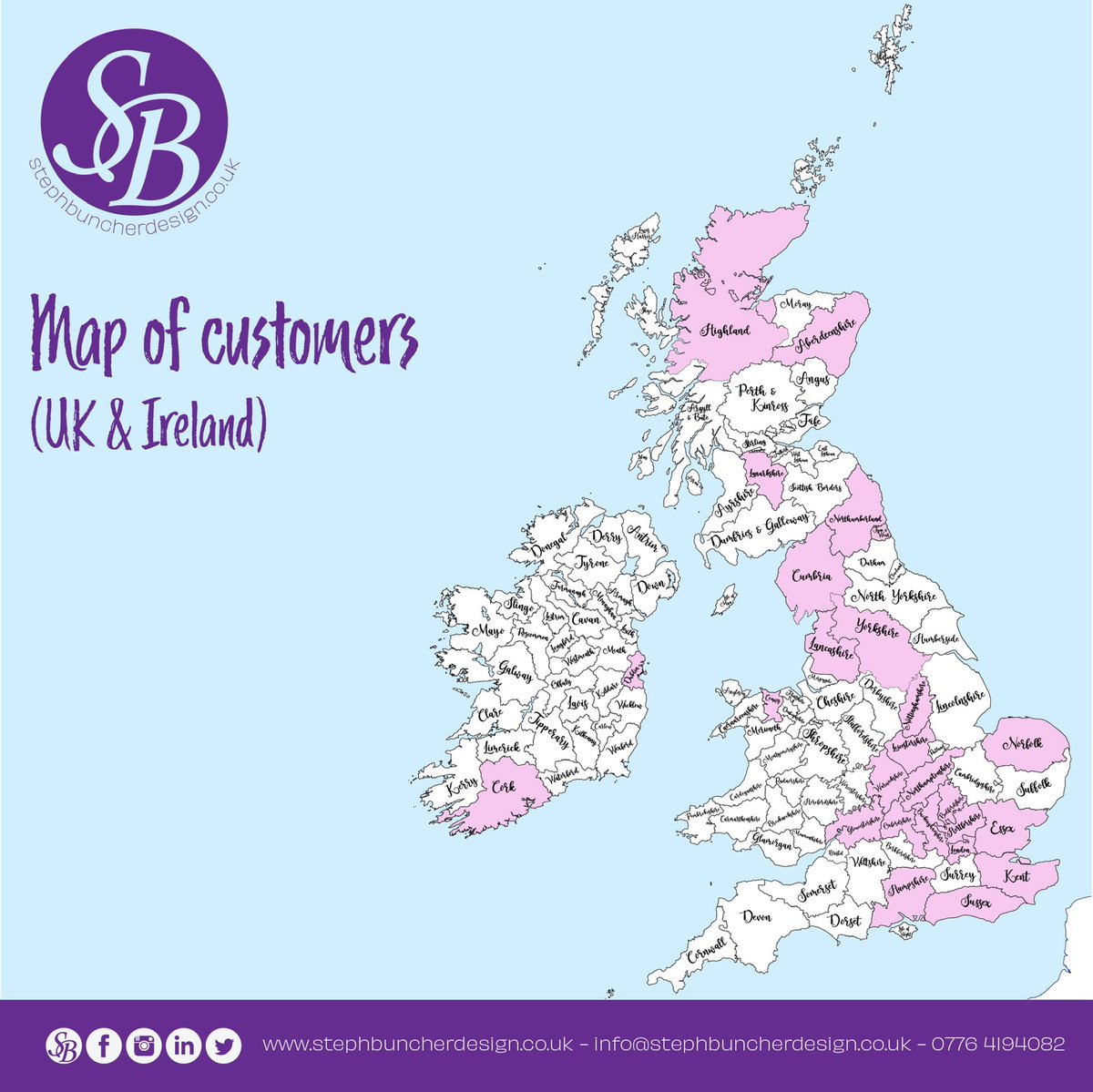 stephbuncher's tweet photo. The pink areas on this map show the locations of my previous customers; I’m still on a mission to fill my map with pink! If you live in one of the unshaded areas it would be amazing if you could please share my post and help me achieve my goal! Thank you! 💜

#customers https://t.co/jEy1dLa8Vx