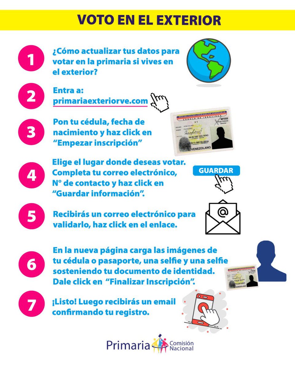 JackieMarVelaz's tweet photo. ¡Épale, venezolano en el exterior! ¿Estás inscrito en el RE y quieres votar en la Primaria del #22Oct?
¡Apúrate!
Tienes hasta este domingo #9Jul, para actualizar tus datos.
Entra a https://t.co/QUTsqIO7iB, actualiza y comparte. #VenezolanoVotaEnElExterior https://t.co/mkT8bUmBpS