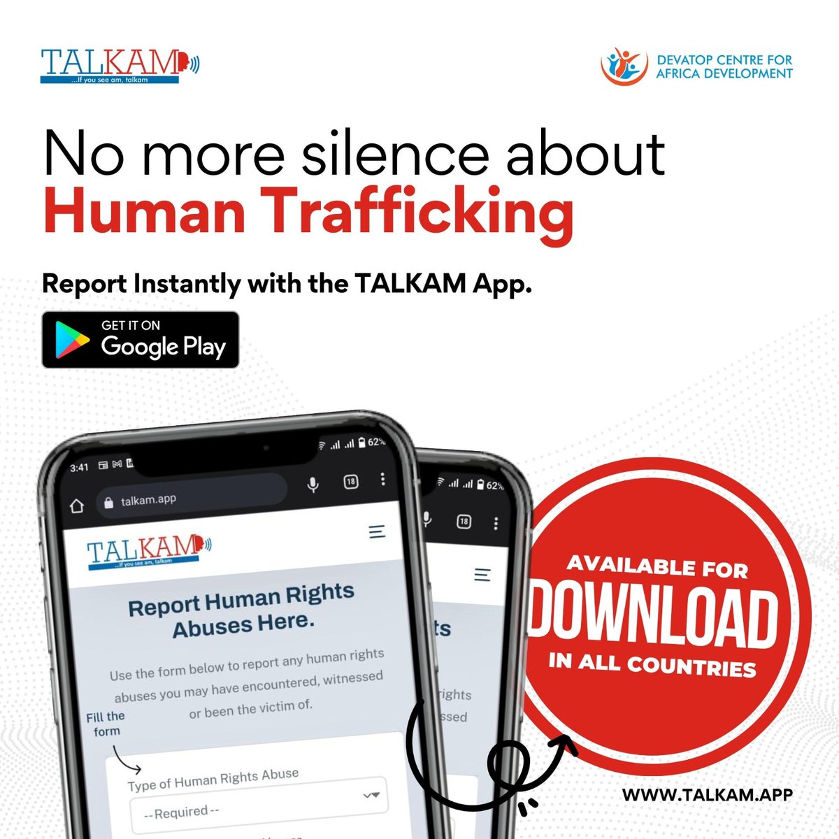 Dishive1's tweet image. No More Silence about human trafficking. 

Report human trafficking here: talkam.app 

For more info:  @devatopafrica @talkamm 
#talkam