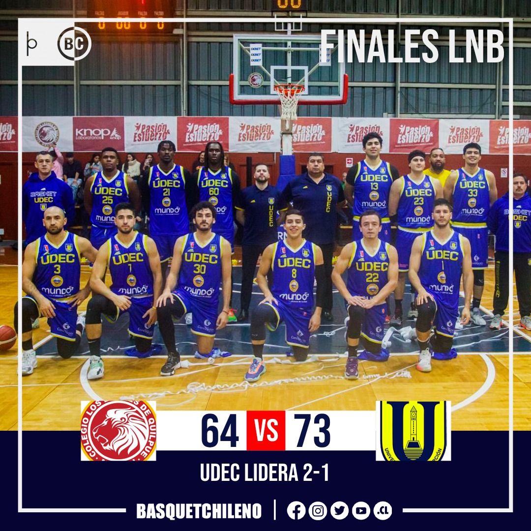 BasquetChileno's tweet photo. 🚨 ¡UDEC RECUPERA LA LOCALÍA! 🏀 El Campanil se repuso y logró una importante victoria en Quilpué ante Los Leones para poner el 2-1 en las #FinalesLNB y recuperar la ventaja de localía ¿Qué te pareció el partido? 👀 https://t.co/1c3hMCAaRN