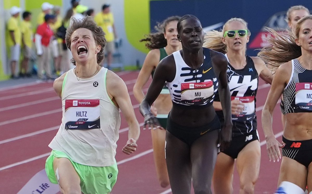FloTrack's tweet photo. Nikki Hiltz with the big finish! 

@Nikki_Hiltz claims first U.S. title in the women’s 1,500m at USA Outdoors and clocks a time of 4:03.10, slipping past @athiiing in the final meters. 

🥈Mu, though, with a tremendous race in 4:03.44. 
🥉Cory McGee, 4:03.48 https://t.co/ggw8Bm8RFa