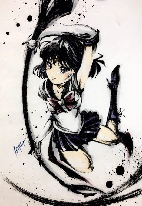 墨絵「セーラーサターン」#美少女戦士セーラームーン #墨絵 