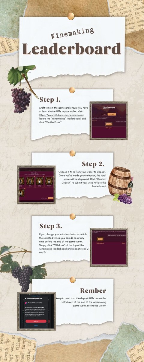 🍇 Join the ultimate winemaking challenge! 

🏆 The Viti Diary Winemaking Leaderboard begins tomorrow. 

🍷Craft your best wines, deposit 4 wine NFTs, and compete for top scores and rewards! 🍷🥇 

Don't miss out! 📆 Check it out👇vitidiary.com/leaderboard