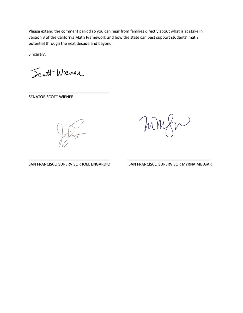 SF Guardians (@sfguardians) on Twitter photo BREAKING: CA Math Framework!
<a href="/ScottWiener_/">Senator Scott Wiener</a> <a href="/JoelEngardio/">Joel Engardio</a> & Melgar have asked the CA Board of Ed <a href="/LDH_ed/">Linda Darling-Hammond</a> to extend public comment so families busy / traveling on summer break can weigh in — especially SF families who were the guinea pigs for some of its failed experiments.
1/5 BREAKING: CA Math Framework!
<a href="/ScottWiener_/">Senator Scott Wiener</a> <a href="/JoelEngardio/">Joel Engardio</a> & Melgar have asked the CA Board of Ed <a href="/LDH_ed/">Linda Darling-Hammond</a> to extend public comment so families busy / traveling on summer break can weigh in — especially SF families who were the guinea pigs for some of its failed experiments.
1/5
