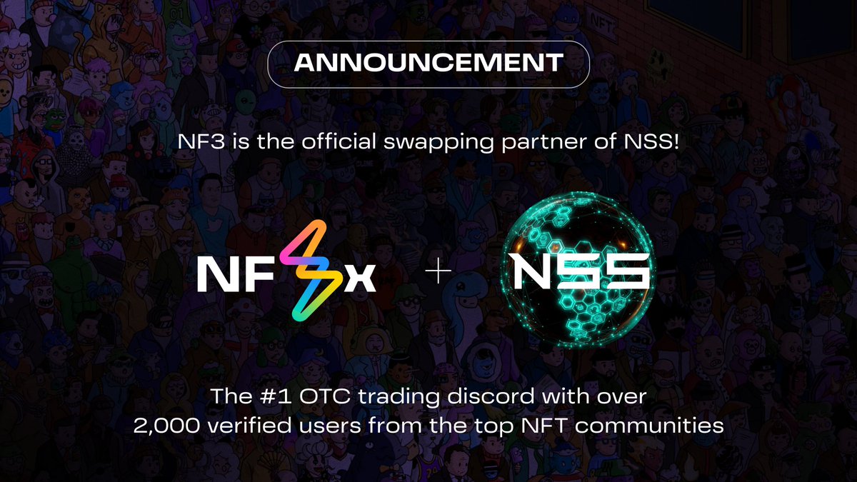 skittlewood's tweet image. Super stoked to announce that NF3 has partnered with @NSS_NFT as their official OTC swaps platform!

NSS is a discord community of over 2000 NFT traders across the majority of the blue chip collections. Join up asap as there'll be a little 'token' of our appreciation soon...
