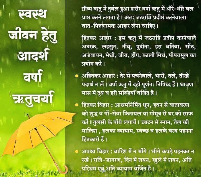 We all have heard and know that Health Is Wealth.

But do we know how to maintain स्वास्थ्य सुरक्षा?

Sant Shri Asharamji Bapu states choice of food, clothing, diet, physical activity all these should be subject to change with change in climate.

#MonsoonHealthCare