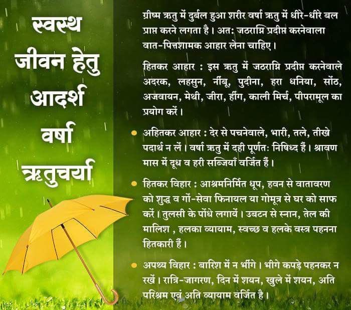 #वर्षा_ऋतु में खान-पान की सावधानी बरतने के लिए कई अहम उपाय बताया है, जैसे देर से भोजन न करे, गरिष्ठ भोजन न ले। क्योंकि आख़िर 
Health Is Wealth है।
इस ऋतु में स्वास्थ्य सुरक्षा के लिए #प्राणायाम, #आसन, टहलना आदि अति महत्वपूर्ण है।
#MonsoonHealthCare