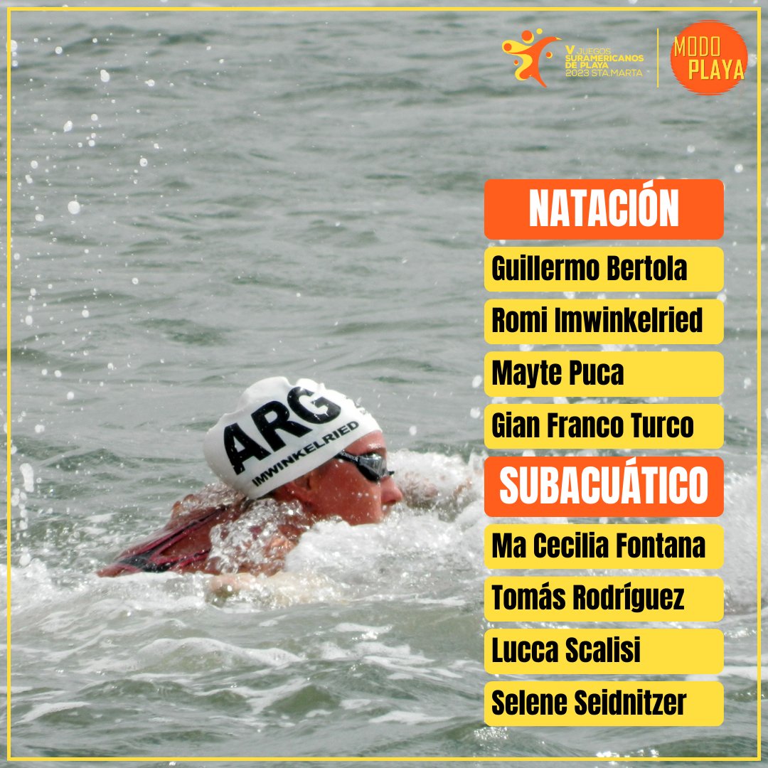 #SantaMarta2023 🌎 - #AguasAbiertas 🏊‍♂️

Por primera vez en la historia de los Juegos Sudamericanos de Playa la natación estará dividida en dos disciplinas: aguas abiertas y actividades subacuáticas, con representación argentina en ambas 🇦🇷