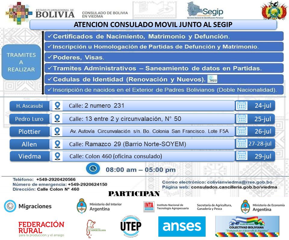 ConsuladoViedma's tweet photo. Mediante las gestiones del Gobierno Central, a través del Viceministerio de Gestión Institucional y Consular  #VGIC en coordinación con el #consuladodeboliviaenviedma, se realizaron las gestiones correspondientes para la llegada de una Brigada del #SEGIP a nuestra jurisdicción https://t.co/kYzOsSFH5b