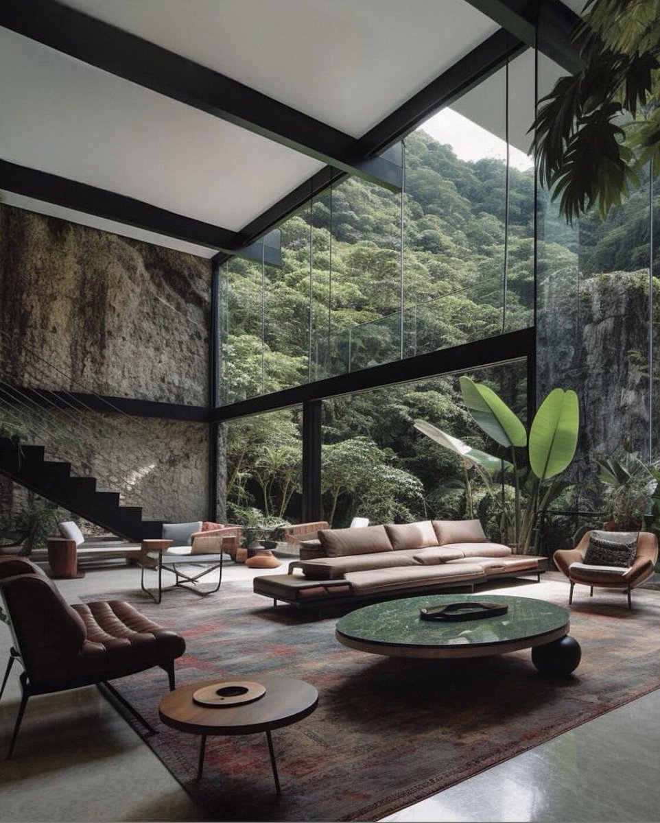 high ceiling home with alot of plants >>
