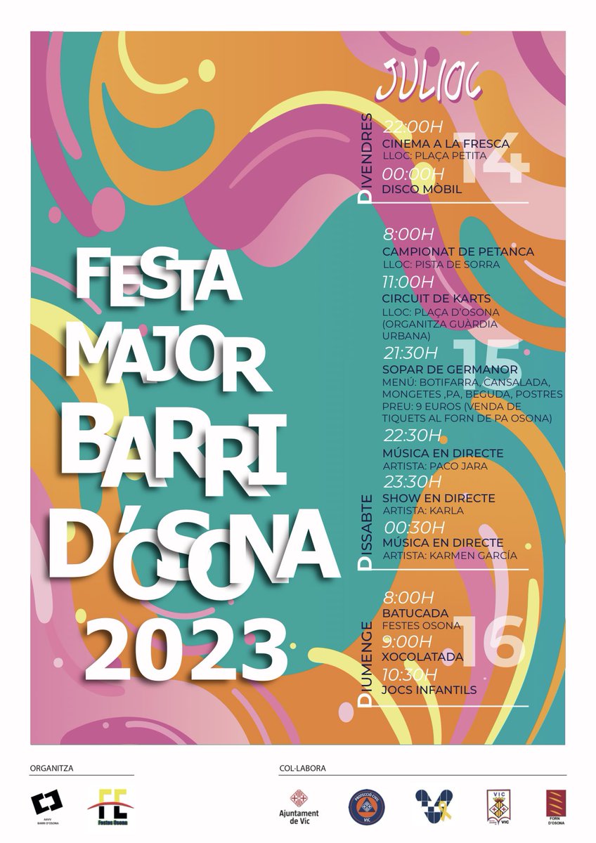 🎉Arriba la festa major al nostre barri amb diverses activitats durant tot el cap de setmana del 14, 15 i 16 de juliol!
T’ho perdràs? T’hi esperem!❤️🎉
Com sempre agraïts als que ho fan possible!🥰