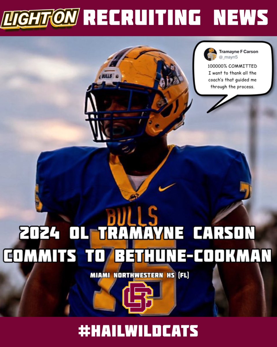 Bethune-Cookman lands a commitment from 2024 OL Tramayne Carson. 🌴🔥 #HailWildcats @_mayn5