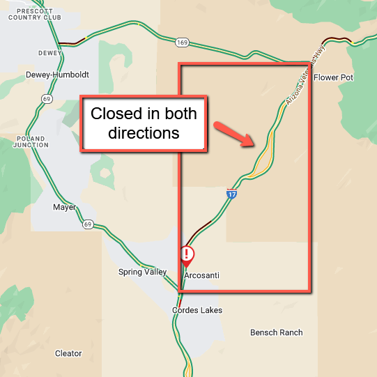 ArizonaDOT's tweet photo. *CLOSURE*

I-17 is closed in both directions near Arcosanti, between SR 69 and SR 169.

The closures is due to a brush fire at milepost 264.

Expect delays and seek an alternate route.

There is no estimated time to reopen the highway. https://t.co/a1AOtTZ5Wk