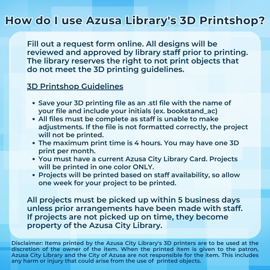 cityofazusa's tweet photo. Free 3D printing for the community! Fill out a request form online to get started. Each patron may request one free 3D print per month, guidelines apply. For more information, please email acongdon@azusaca.gov or call 626-812-5268.
#AzusaLibrary #3DPrintShop https://t.co/v5Fj2t9pDK