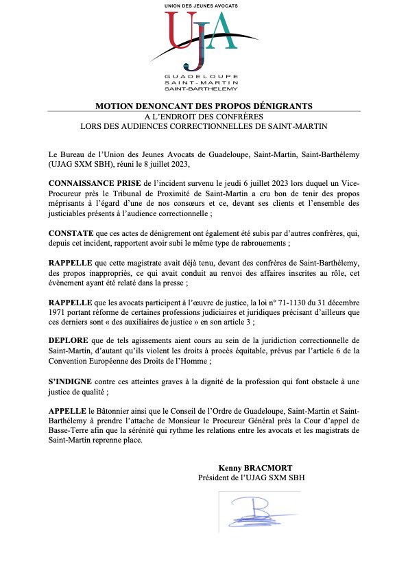 #Motion dénonçant les propos tenus à l’endroit des confrères lors des audiences correctionnelles de Saint-Martin

L’UJAG SXM SBH rappelle que la sérénité des relations entre #avocats et #magistrats est essentielle au bon fonctionnement de la justice. 

#ujagsxmsbh #fnuja