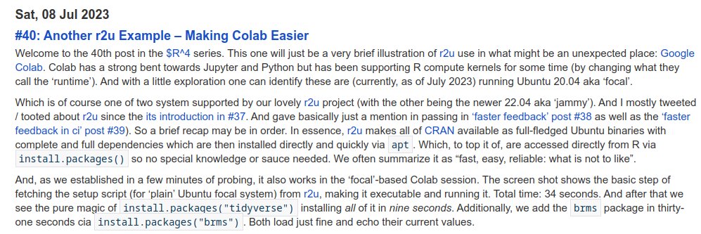 eddelbuettel's tweet photo. R^4 Post #040: Easier R use at Colab via r2u
Using r2u for all of CRAN as binaries in Colab notebooks
https://t.co/UGWgGuCV2t
#rstats #r2u https://t.co/wxf8CFwmNm