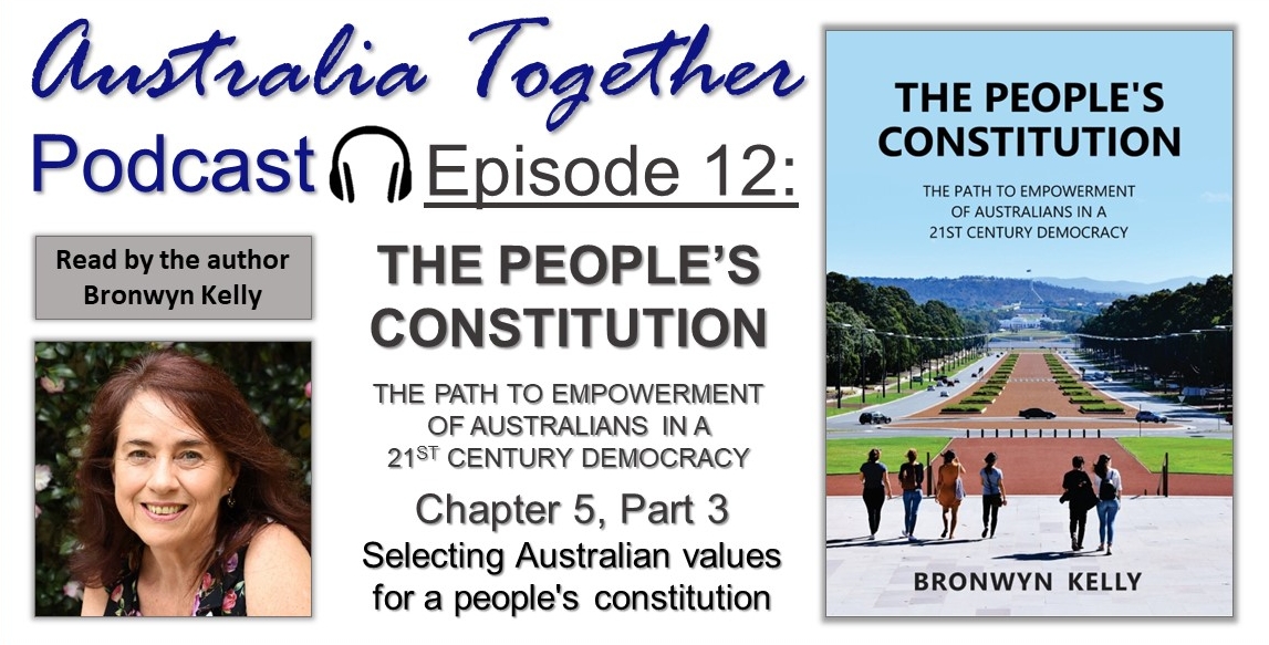 ACFPBronwyn's tweet photo. https://t.co/d38BFRIhq2 Next instalment of the full audio version of my book, The People's Constitution: the path to empowerment of Australians in a 21st century democracy. Starts the discussion on selecting Australian values in a people's constitution. https://t.co/NkdBSWaaJf