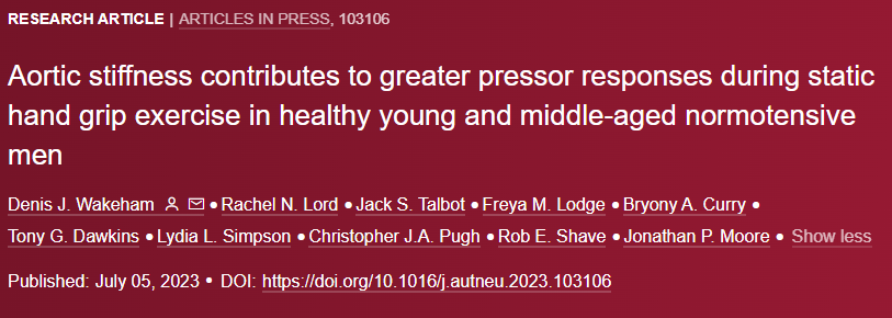 DenWakeham's tweet photo. Paper accepted.
We show the change in blood pressure during hand-grip exercise, but not metaboreflex activation, correlates with resting aortic stiffness. These data highlight the importance of arterial stiffness for pressor responses during stimuli which increase cardiac output. https://t.co/95fDqJ83jh