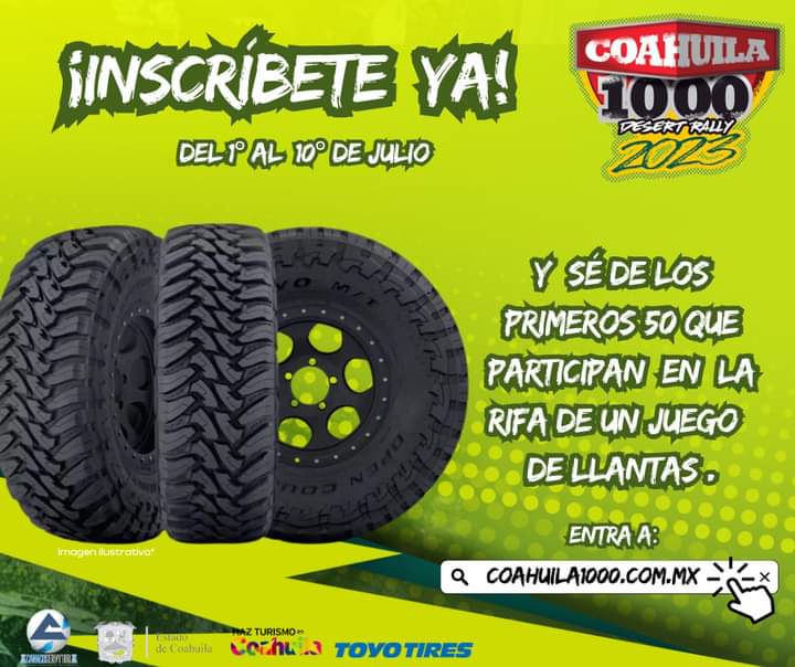 ¡QUEDAN SOLO 3 DÍAS!
Inscríbete y no te pierdas la oportunidad de ganar este sensacional obsequio de nuestros amigos y patrocinadores de TOYO TIRES 🔥💣

👉🏼 coahuila1000.com.mx 🌵

#CanacoAdventure #TeamCoahuila1000