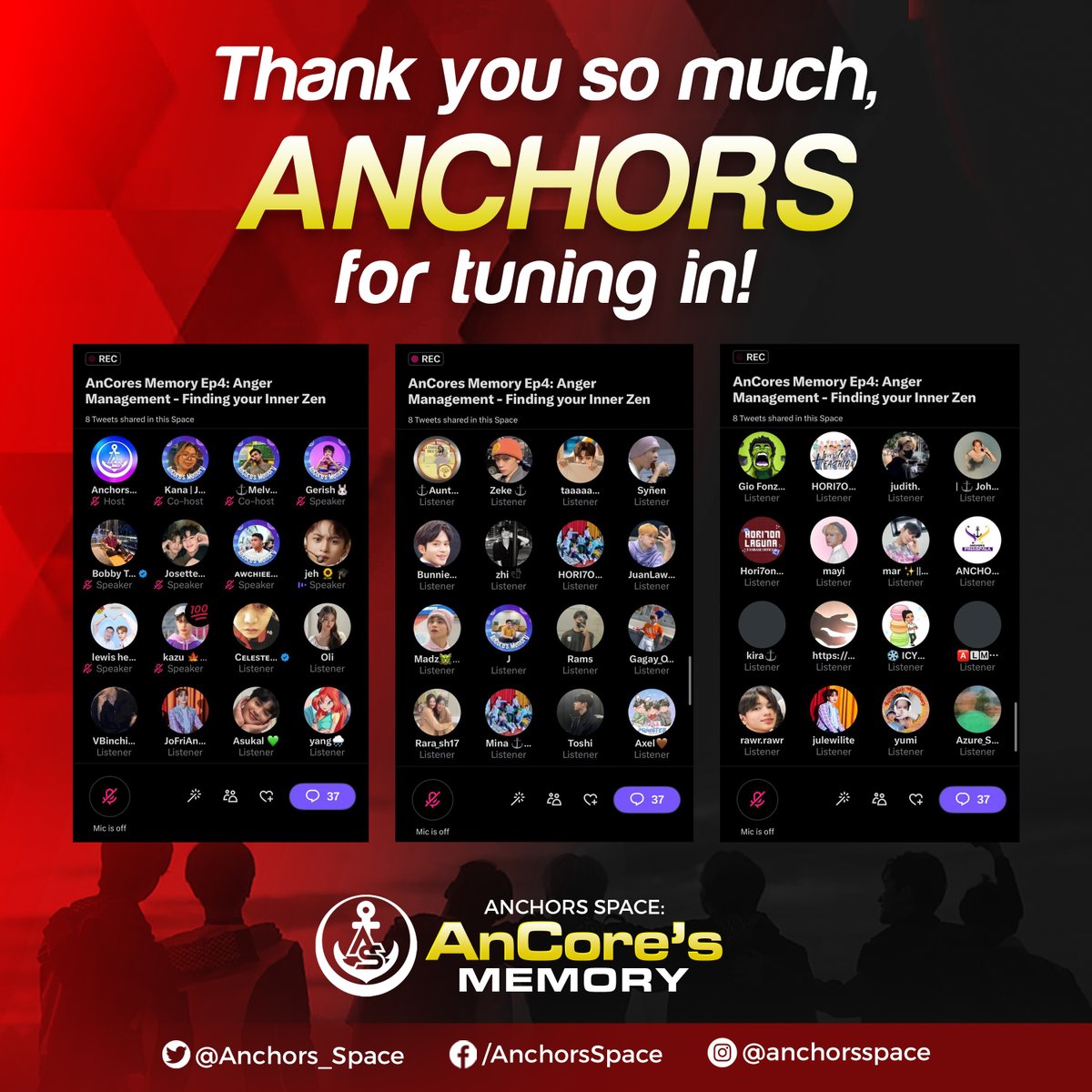 Thank you so much, everyone, for joining us at last night’s AnCore’s Memory - 4th episode.

Your love and support means the world to us. Cheers to a safe space and may you find your pa-HINGA with us.
 
#AnCoresMemory_Ep4 
#AngerManagement 
#RestInSpace 
#AnchorsSpace