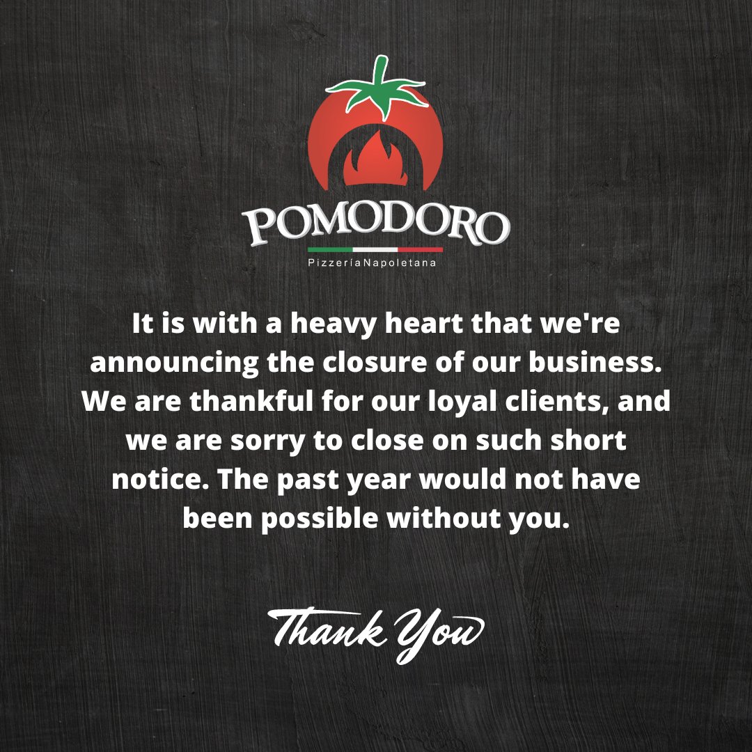 PomodoroKC's tweet photo. It is with a heavy heart that we're announcing the closure of our business. We are thankful for our loyal clients, and we are sorry to close on such short notice. The past year would not have been possible without you. https://t.co/3BqC4HY6X6