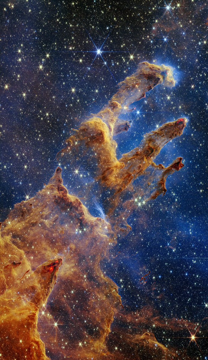 redditSpaceView's tweet image. Star-filled portrait of the Pillars of Creation taken by the James Webb Space Telescope
