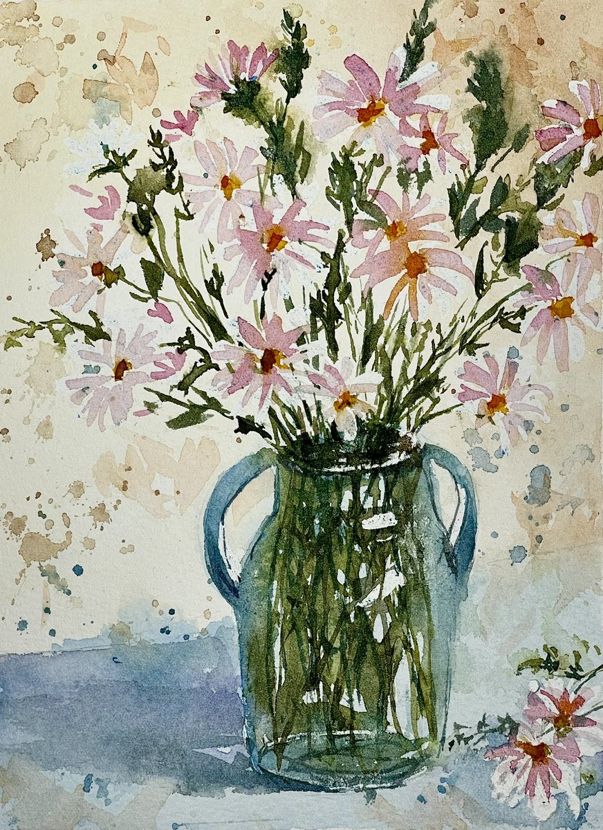 Pink daisies sway,
Nature's blush on golden stems 🌸

#watercolorflorals #watercolorfloral #watercolor #loosefloralartist #loosebrushstrokes #loosefloraldesign #loosefloralart #watercolorfloral #floralart #floral #summer #july