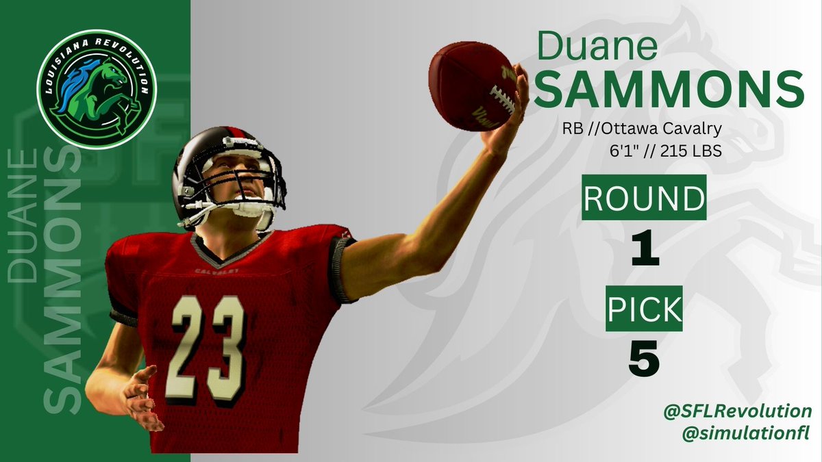 SFLRevolution's tweet photo. 📰BREAKING NEWS📰

We have our halfback for Season 21!!!🏈 Ottawa Cavalry RB Duane Sammons joins us after being picked @ #5 in the SFL Draft! We can't wait to unleash his 6'1" 215 lbs frame on the SFL!

WELCOME TO THE REVOLUTION Duane!!! @simulationfl #SFLDraft #RevUP https://t.co/88kxbDpMxc