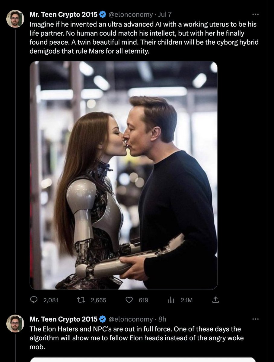 I hate when The Woke make fun of me for wanting a billionaire to impregnate a fictional sex robot and rule over me from outer space. The mob comes for us all!
