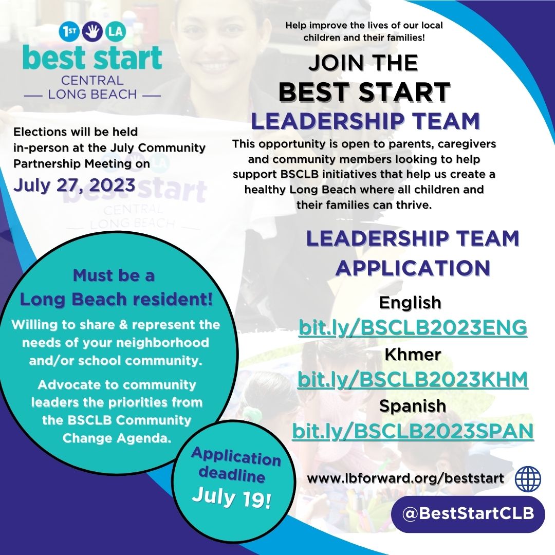 BestStartCLB's tweet photo. The deadline to apply to be a Leadership Team member approaches! Don't pass up this opportunity if you're dedicated to building a thriving Long Beach for children and families!
Apply now:
https://t.co/ozS5fEf4wY
https://t.co/B7z6ngBq4l
https://t.co/miuIiyQsOO #BSCLB #First5LA https://t.co/vsVazbI0rv