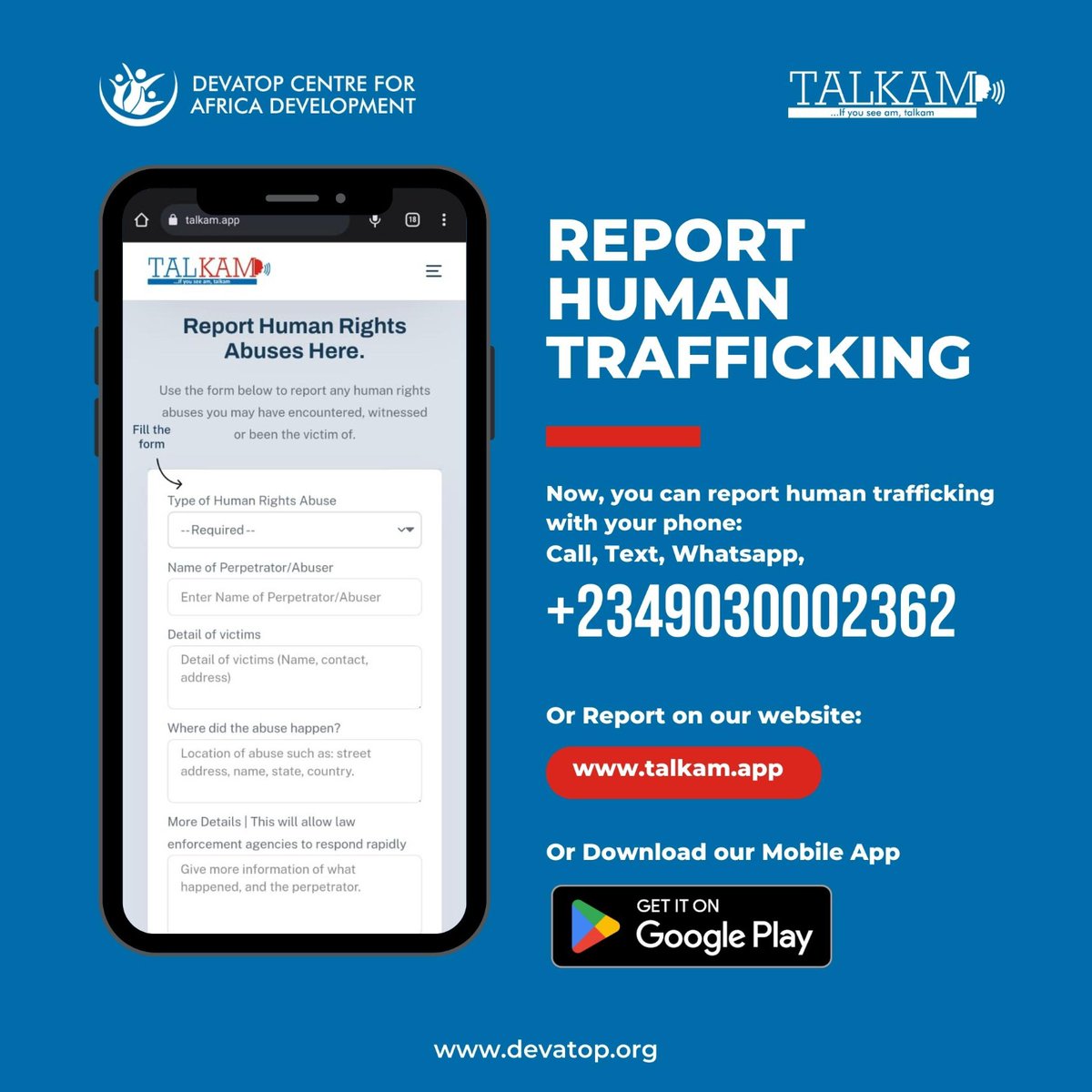 chatwithjoseph's tweet image. Now people can report Human Trafficking with #Talkam App 

Visit talkam.app