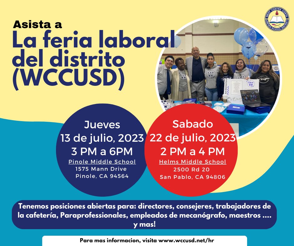 WCCUSD is hiring! Join us for job fairs on July 13th and July 22nd. Meet principals & District staff and have your resume reviewed. Apply on EdJoin before the job fair for an on-site job interview. RSVP here: bit.ly/wccusdjobfair7…