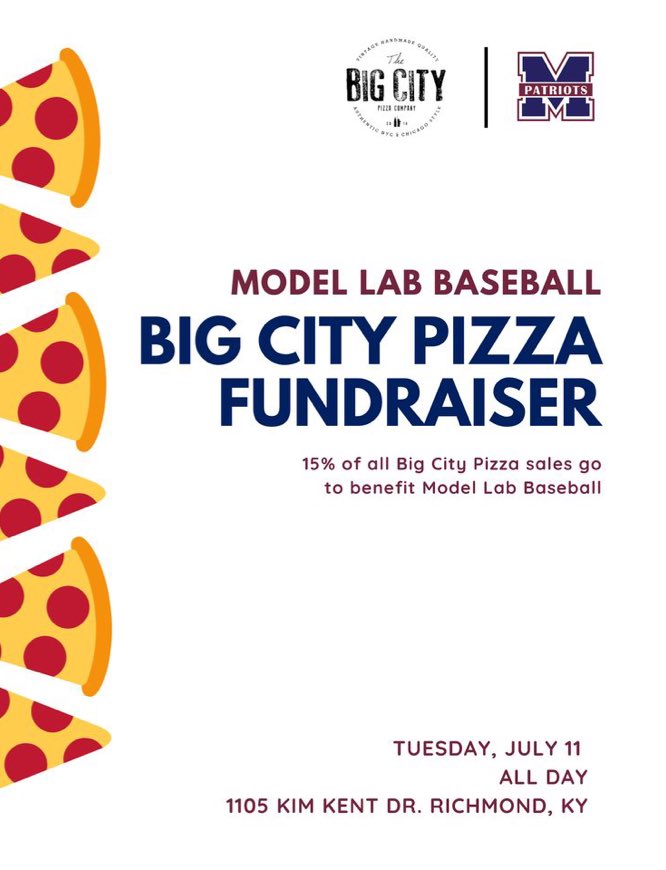 Mlab_baseball's tweet photo. Please support Model baseball this coming Tuesday, July 11th by eating at 
Big City Pizza! 
15 % of all sales go to our program! https://t.co/qcaHOcpAXY