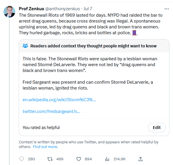 Lookit our guy tweeting that false re-writing of Stonewall's history. He's a pathetic pick-me 60-year-old to trans youth. Earned himself a Twitter Context correction!

I still remember 2021 when Zenkus was desperately trying to get the attention of infamous TERF Rose McGowan. https://t.co/QnAgrt7Uey