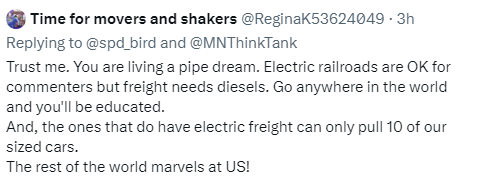 so this is a very common opinion about electric locomotives from people with what you might call boomer mindset, including the actual Association of American Railroads. and it's somewhere between misguided and a bald-faced lie because of the physics of locomotives (thread)