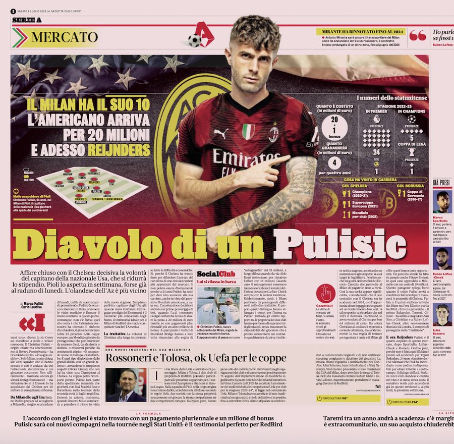 usmntonly's tweet photo. Christian Pulisic is all over the front pages in Italy. https://t.co/HWPRzNbbkL