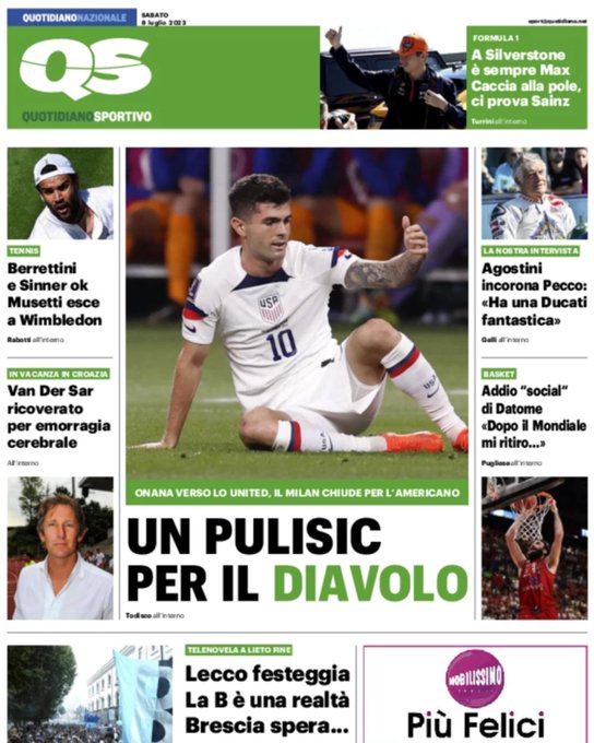 usmntonly's tweet photo. Christian Pulisic is all over the front pages in Italy. https://t.co/HWPRzNbbkL