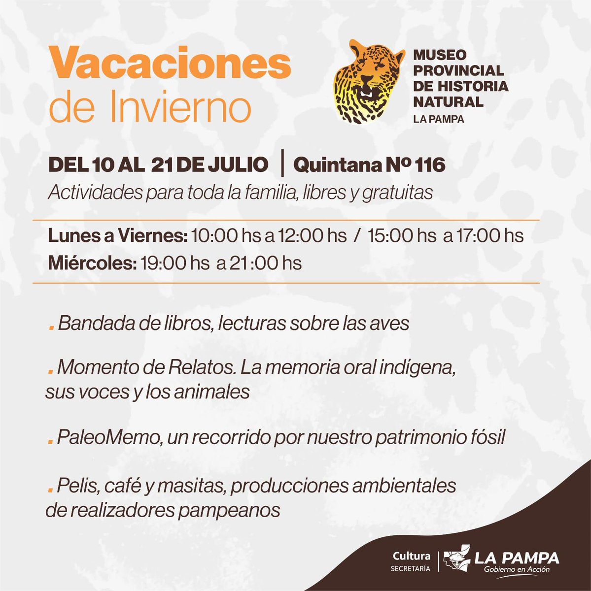 yoamolapampa's tweet photo. 📣Museo de Historia Natural #SantaRosa #LaPampa 
📍 Domingo 9 de Julio en el renovado ingreso de Quintana N*116 para compartir:
Reconocimiento/Homenaje a Hugo Alfageme, será designado Curador Emérito del Museo.
Show del Payaso Peluca.
Bibliomovil.
Escenario lúdico del Río Atuel https://t.co/nH99CkxHwR
