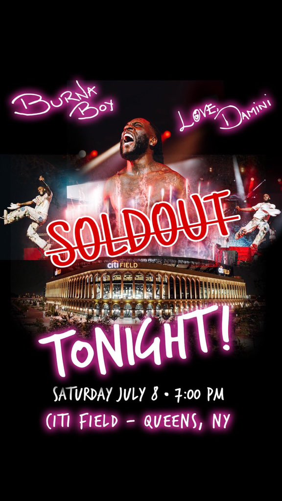 Burna boy has officially soldout 🤯 the magnificent mets life citi field stadium 🏟.
He's the first and only African artist to sellout a stadium in the United state of America 🇺🇸.
BURNA BOY IS THE blueprint and there's nothing anyone can do about it.
🐐 🦍
#BurnaboyStadiumTour 🏟