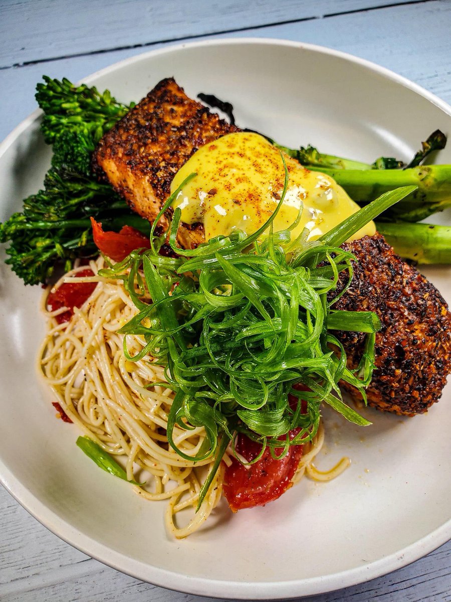 Chefmarkcoakley's tweet photo. Working on some new menu items for new menu this next winter- 
Ancho Chile Crusted Salmon topped with Roasted Hatch Chile Hollandaise Angel Hair Pasta tossed in Brown Butter and Cotija Cheese served with Charred Broccolini https://t.co/ATwuRuoYEB