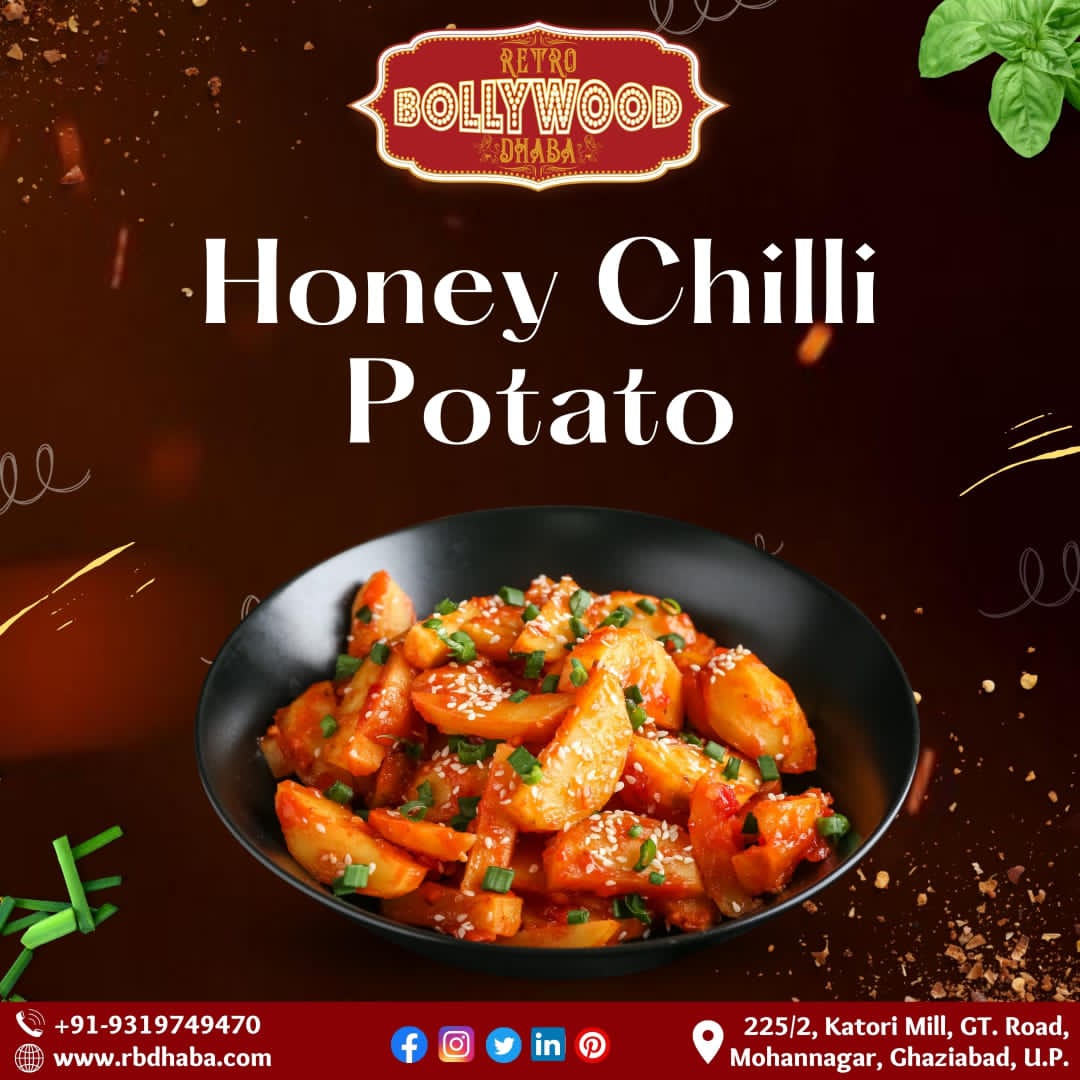 RetroBdhaba's tweet photo. "Indulge in the sweet and spicy delight of our Honey Chilli Potato at Retro Bollywood Dhaba! 🍯🌶️" 

Savor the crispy potato bites, coated in a sticky glaze of honey and tossed with a hint of fiery chili. 

#RBD #HoneyChilliPotato #FoodieCommunity #BollywoodFoodCravings https://t.co/9lkhnSGpDf