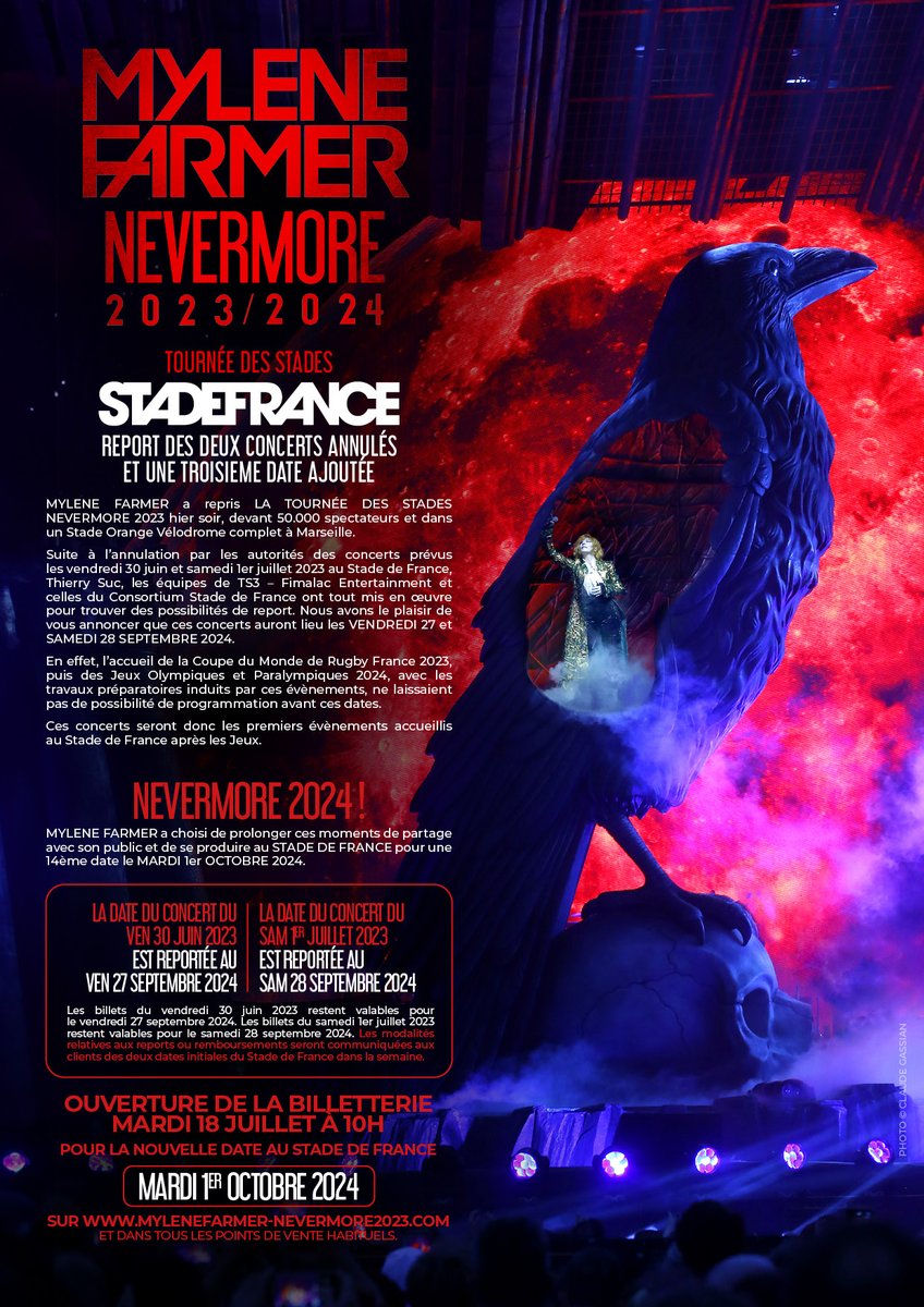 MYLENE FARMER - NEVERMORE 2023/2024
Report des deux dates du <a href="/StadeFrance/">Stade de France</a> et une nouvelle date ajoutée !
RDV sur mylenefarmer-nevermore2023.com 
Toutes les infos ⬇️
#MyleneFarmer #Nevermore2023 #StadedeFrance #Paris #Report
